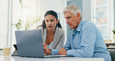 Buy stock photo Teamwork, help and business people in office, laptop and conversation with email for feedback. Employees, cooperation and mentor with coaching, pc and internet with advice, discussion and connection