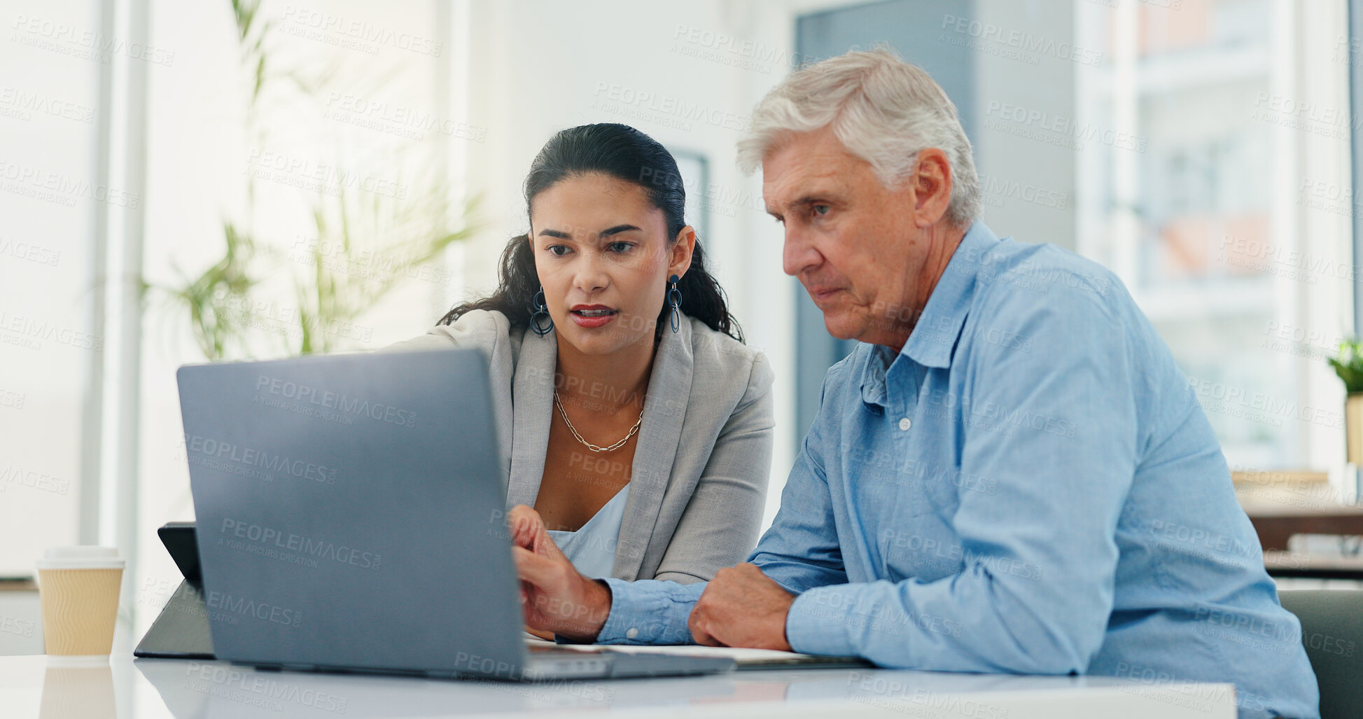 Buy stock photo Teamwork, help and business people in office, laptop and conversation with email for feedback. Employees, cooperation and mentor with coaching, pc and internet with advice, discussion and connection