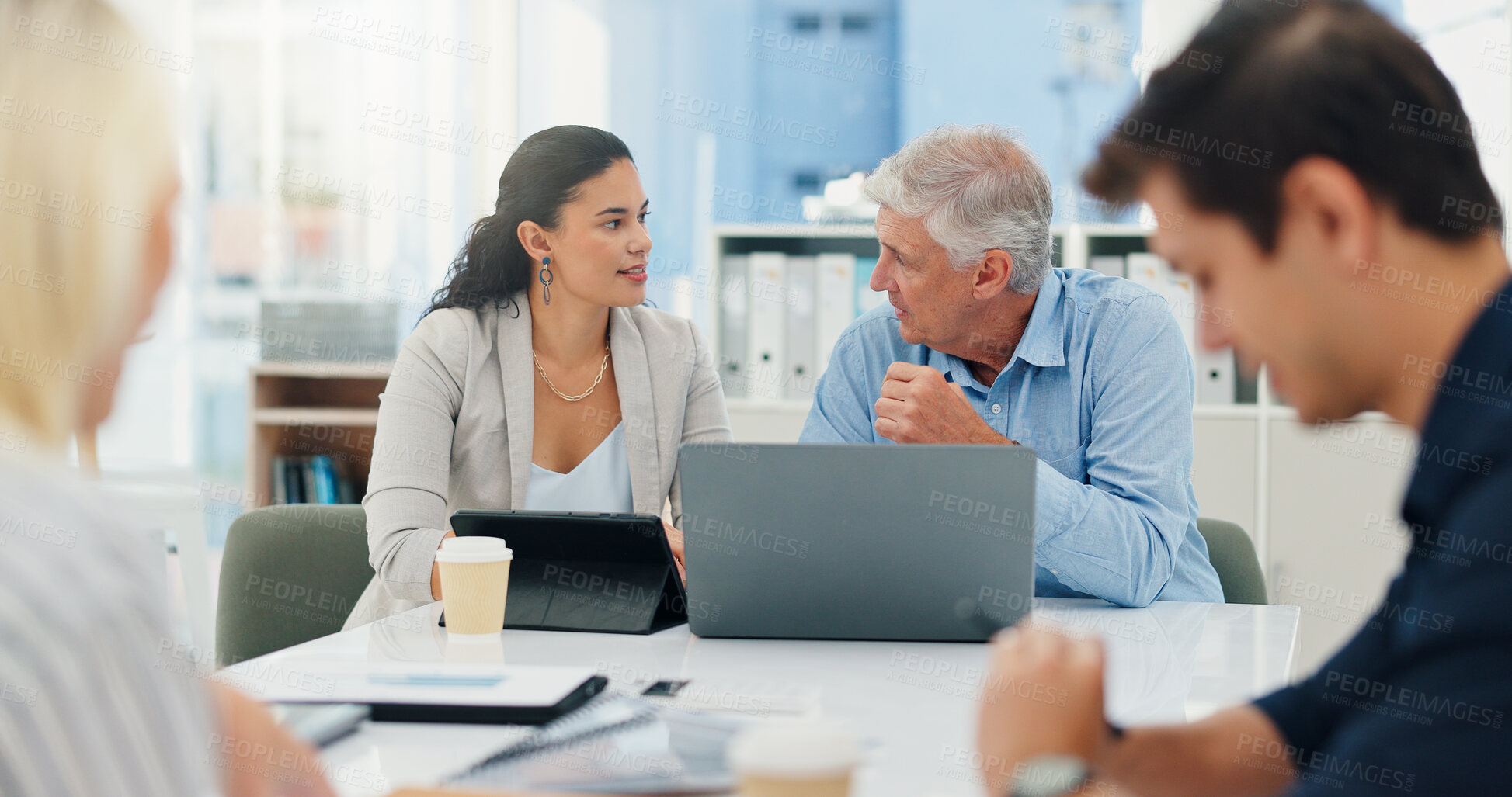 Buy stock photo Planning, mentor and laptop with business people in meeting for agenda notes, review and feedback. Advisor, teamwork and intern with employee in office for training workshop and project management