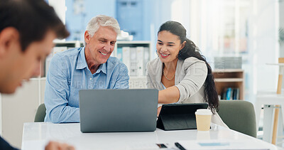 Buy stock photo Teamwork, mentor and laptop with business people in meeting for agenda notes, review and feedback. Advisor, planning and intern with employee in office for training workshop and project management