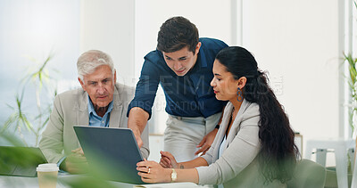 Buy stock photo Laptop, cooperation and business people in office, planning or brainstorming for property development. Employees, coworking or group in meeting, pc or website info for real estate with conversation