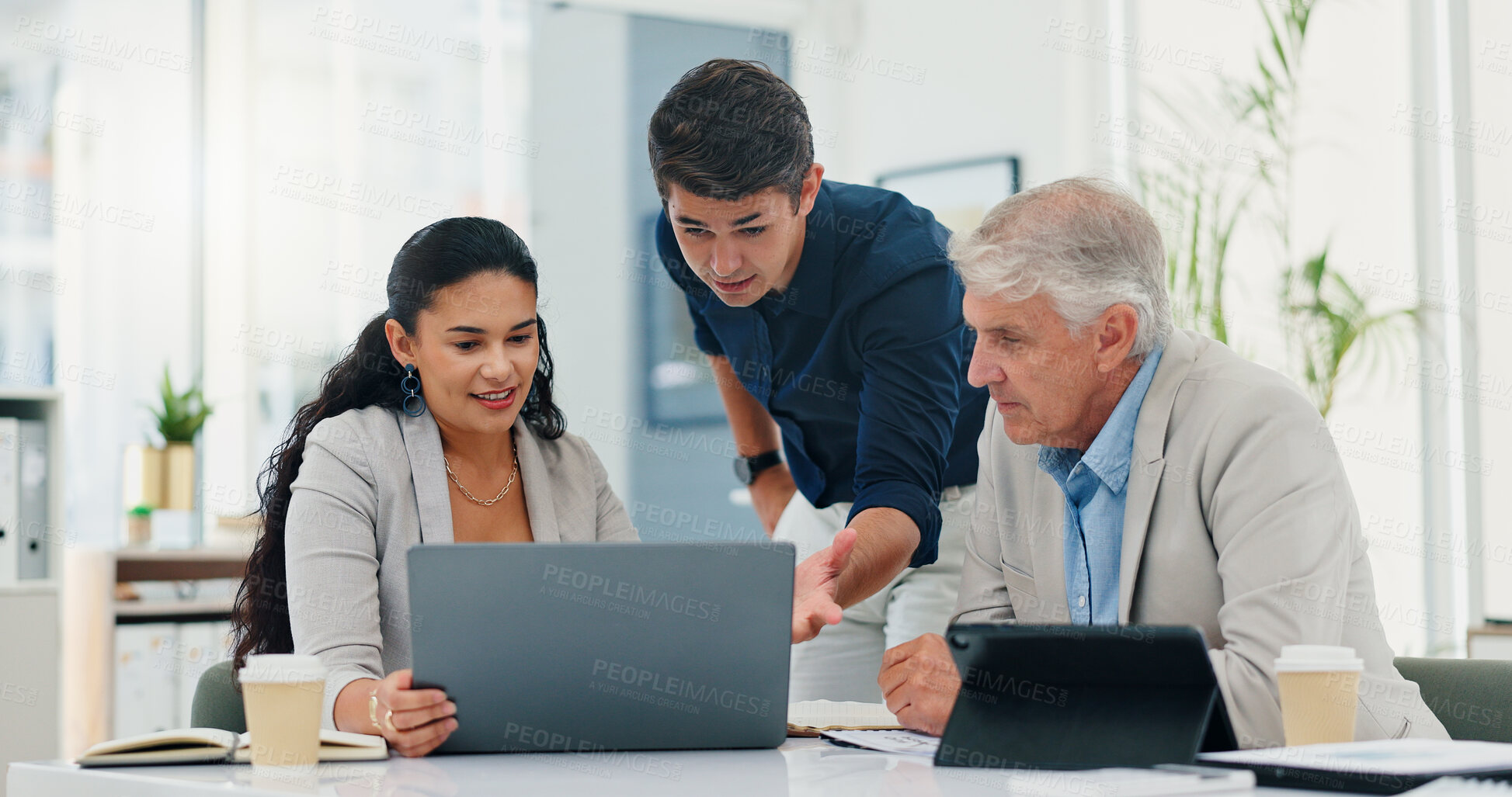 Buy stock photo Laptop, teamwork and business people in office, planning or brainstorming for property development. Employees, coworking or group in meeting, computer or website info for real estate with cooperation