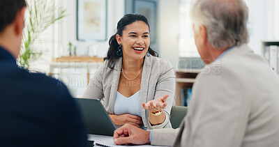 Buy stock photo Smile, meeting and planning with business people in office for account manager, teamwork or discussion. Investment portfolio, client research and talking with group of employees in agency for review
