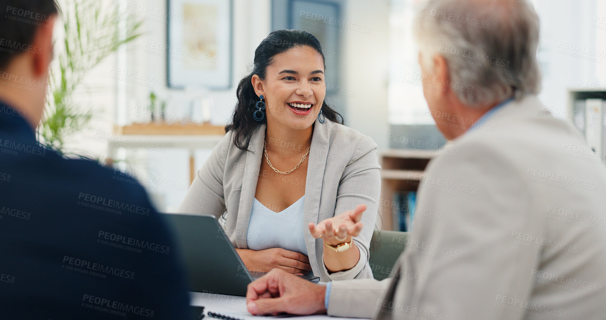 Buy stock photo Smile, meeting and planning with business people in office for account manager, teamwork or discussion. Investment portfolio, client research and talking with group of employees in agency for review
