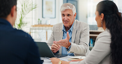 Buy stock photo Conversation, business people and office in meeting, planning and brainstorming for sales growth. Employees, mature person and group in workplace, discussion and share ideas for project and feedback