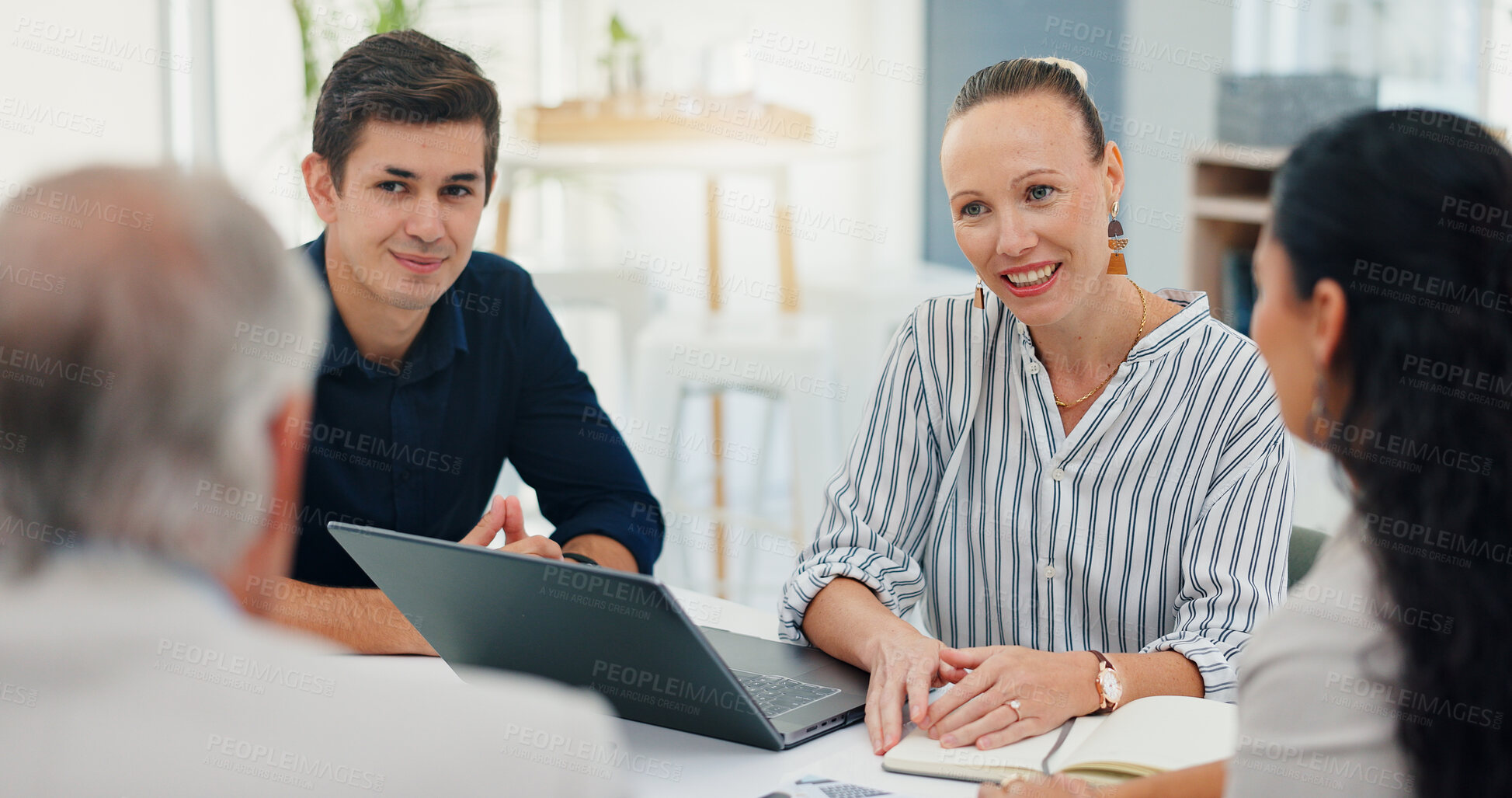 Buy stock photo Client, meeting and planning with business people in office for account manager, teamwork or discussion. Investment portfolio, research and talking with employees in agency for review and laptop