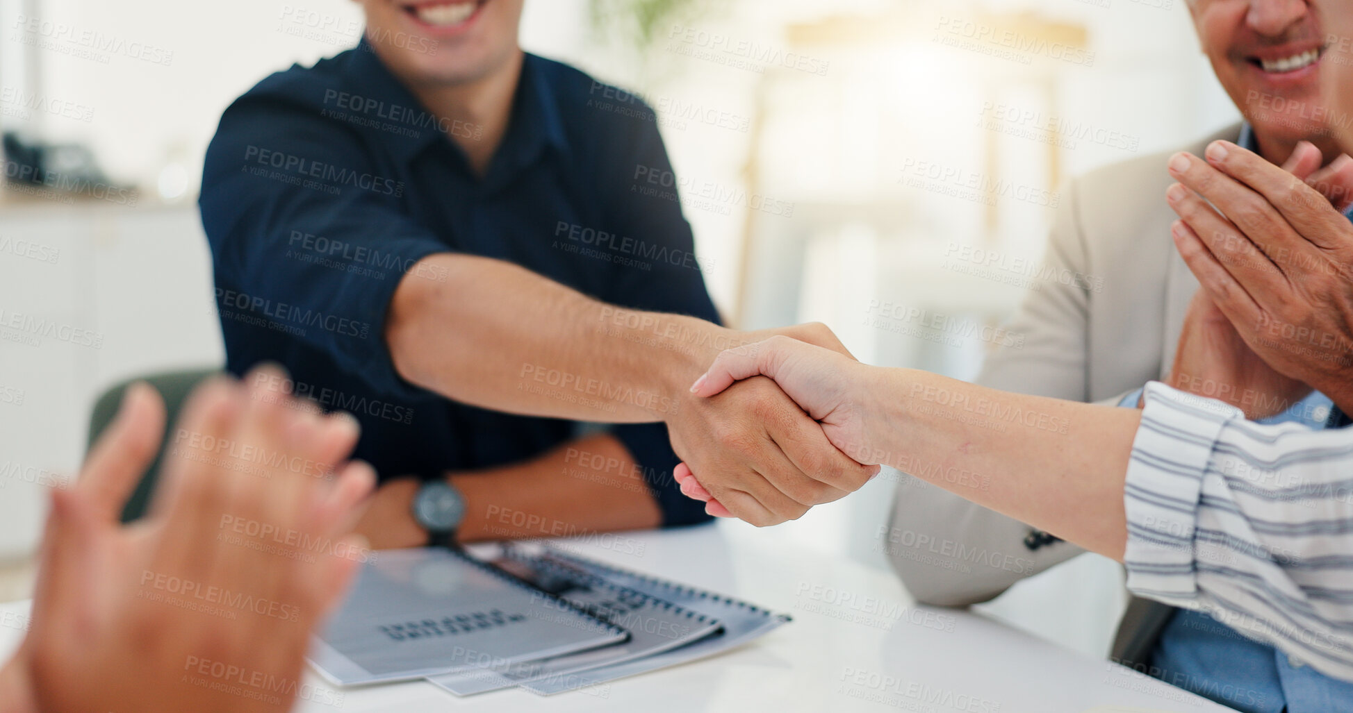 Buy stock photo Success, handshake and deal with hands of business people in meeting for support, celebration and approval. Achievement, funding grant and applause with employees in office for news, b2b and results