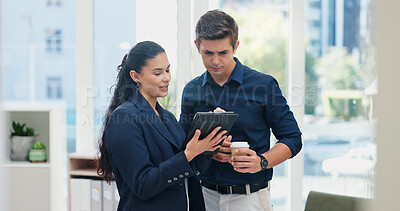 Buy stock photo Office, teamwork and business people with tablet for reading, news information and drink with writers. Collaboration, journalist and editor with digital for web article, blog and publication with tea