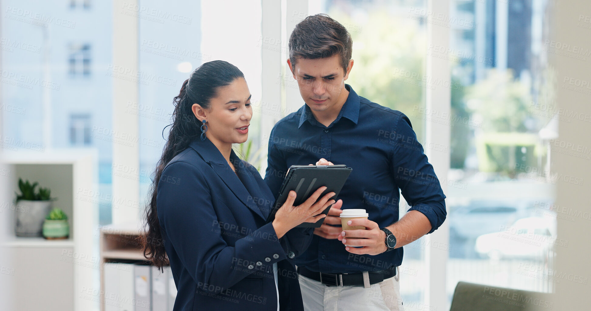 Buy stock photo Office, teamwork and business people with tablet for reading, news information and drink with writers. Collaboration, journalist and editor with digital for web article, blog and publication with tea