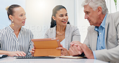Buy stock photo Tablet, planning and project with business people in office for meeting, investment schedule and advisor. Finance report, budget review and partnership with employee in agency for collaboration
