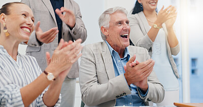 Buy stock photo Victory, applause and business people in office for meeting with success, achievement and celebrate. Corporate, professional and men and women clapping hands for good news, agreement and feedback