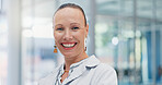 Portrait, employee and woman with smile, office and confident for career growth, happy and corporate. Business, brand specialist and person with ambition for marketing agency, proud and Canada