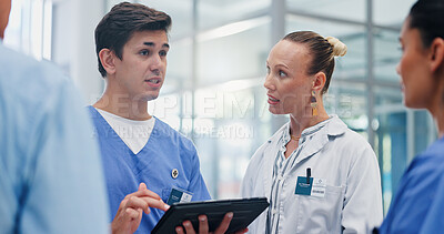 Buy stock photo Man, doctors and tablet with team at hospital with discussion for funding, management and review. People, leader and group with surgeon, problem solving and feedback with app at wellness clinic