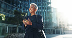 Commute, phone and thinking with businesswoman in city for idea, inspiration or travel. Building, hope and vision with mature corporate professional outdoor in urban town for start of new job