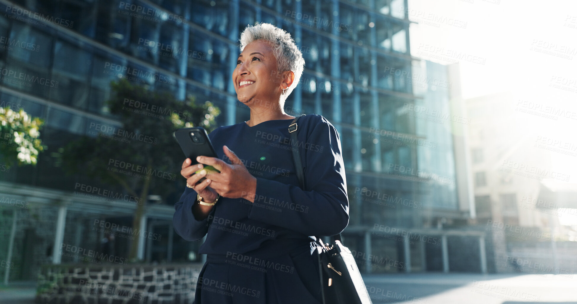 Buy stock photo Commute, phone and thinking with businesswoman in city for idea, inspiration or travel. Building, hope and vision with mature corporate professional outdoor in urban town for start of new job