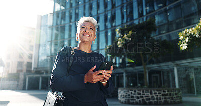 Buy stock photo City, commute and phone with business woman outdoor for idea, inspiration or travel. Building, thinking and vision with mature corporate professional in urban town for new job or opportunity