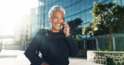Buy stock photo Phone call, business and woman in city, laughing and commute with conversation, profit growth or smile. Mature person, accounting or investor with humor, travel or communication with success or funny