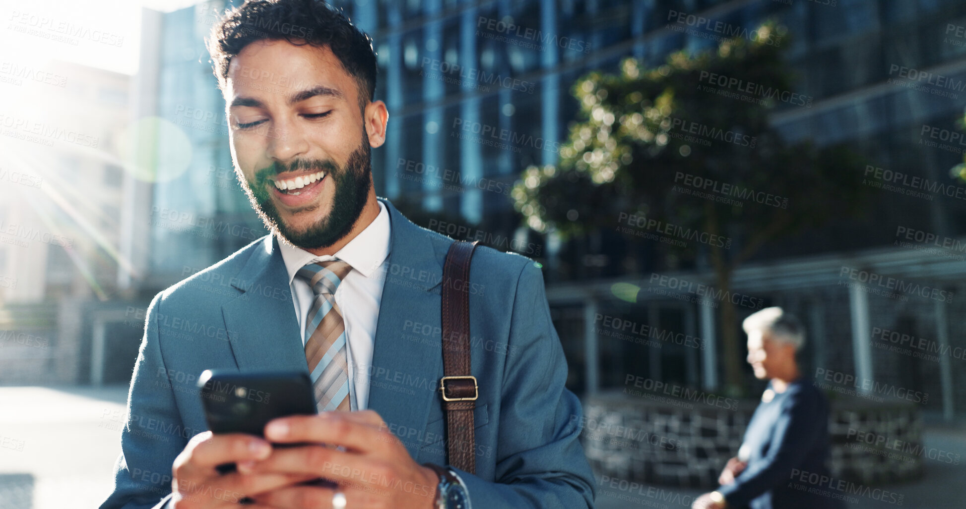 Buy stock photo Laugh, phone and business with man in city for stock market report, funny and investment app. Trader portfolio, communication and client chat with person outdoor for comic, smile and networking