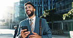 Commute, phone and thinking with businessman in city for idea, inspiration or travel. Building, communication and vision with happy corporate professional outdoor in urban town for start of new job