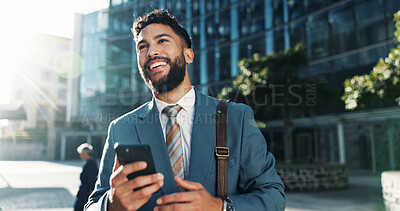 Buy stock photo Commute, phone and thinking with businessman in city for idea, inspiration or travel. Building, communication and vision with happy corporate professional outdoor in urban town for start of new job