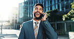 Phone call, business and man in city, laughing and commute with conversation, investor and smile. Person, accounting and financial advisor with humor, travel and digital app for communication or talk