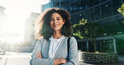 Buy stock photo Portrait, smile and woman with arms crossed, city and commuting to work in morning, social worker and road. Outdoor, human services professional and happy person on urban street, travel and employee