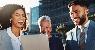Buy stock photo Tablet, city and team of business people laugh for funny joke, humor or urban planning. Digital technology, collaboration and employees outdoor for project development or discussion with manager