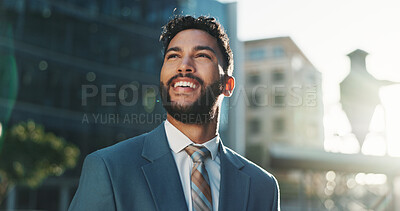 Buy stock photo Commute, opportunity and vision with businessman in city for idea, inspiration or travel. Building, hope and thinking with happy corporate professional outdoor in urban town for start of new job