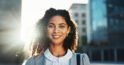 Buy stock photo Portrait, confident and woman with smile, city and commuting to work in morning, social worker and road. Outdoor, human services professional and happy person on urban street, travel and employee