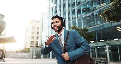 Buy stock photo Dance, music and business man in city for morning playlist, energy and streaming radio for travel. Headphones, outdoor and happy employee listening to song, audio podcast and sound on work commute