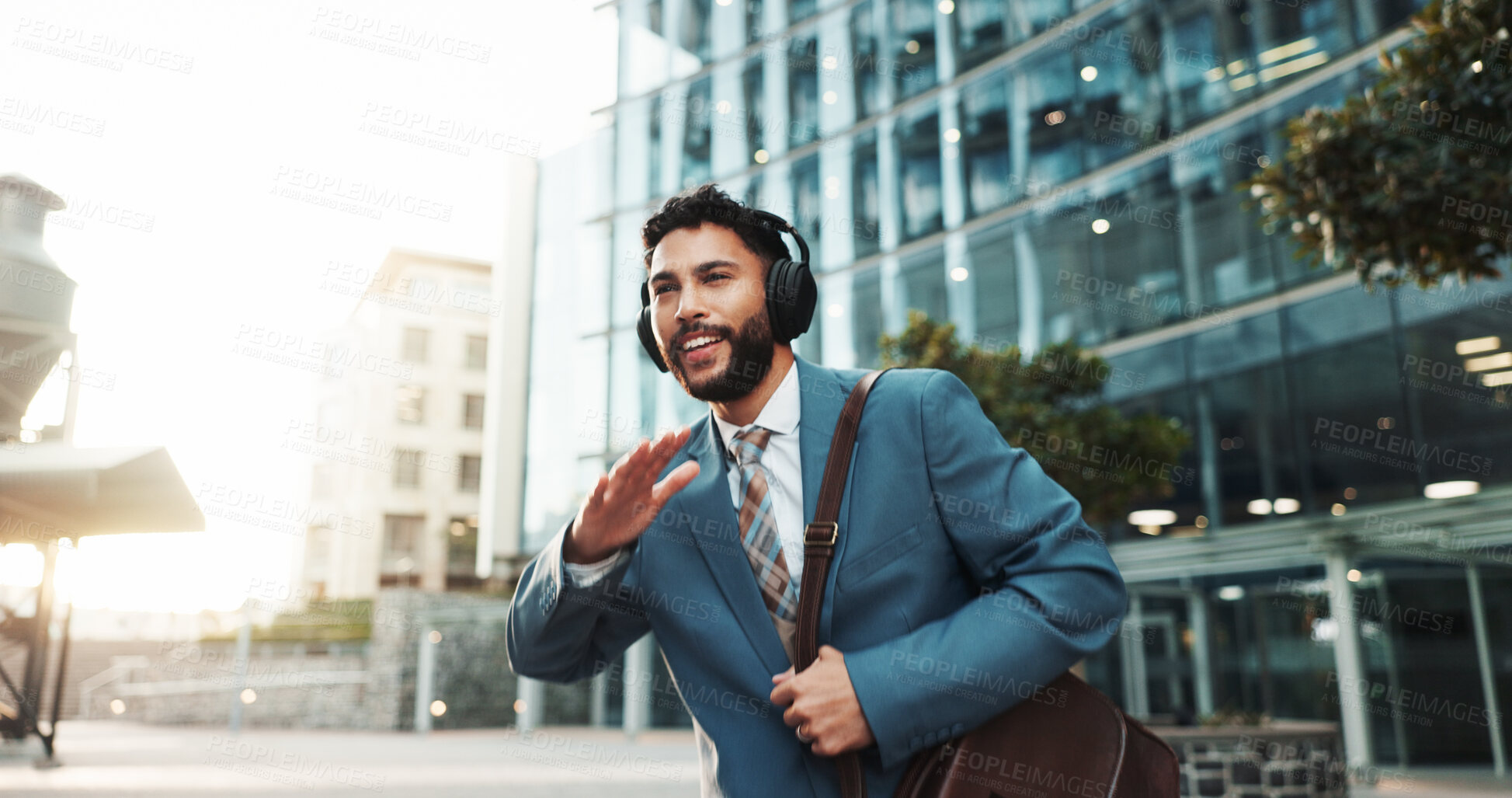 Buy stock photo Dance, music and business man in city for morning playlist, energy and streaming radio for travel. Headphones, outdoor and happy employee listening to song, audio podcast and sound on work commute