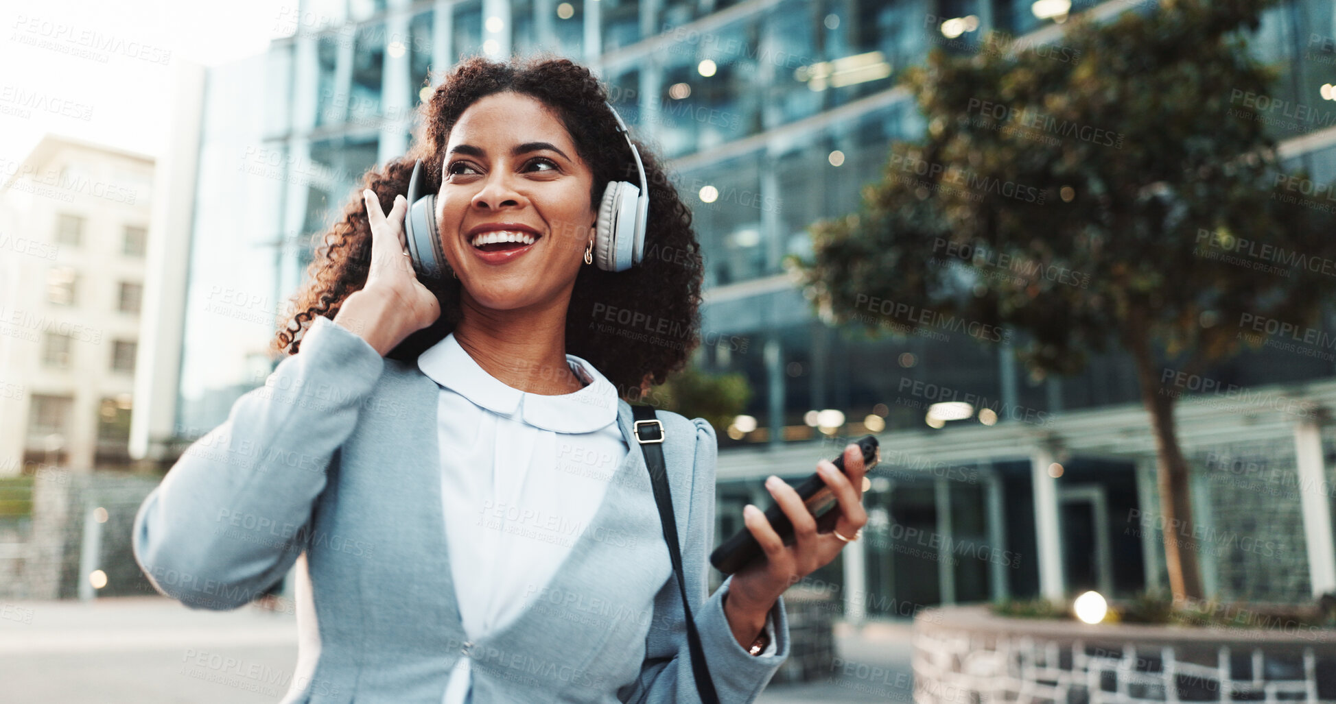 Buy stock photo Business, commute and music with woman in city for idea, inspiration or travel. Building, headphones and streaming with happy corporate professional outdoor in urban town for start of new job