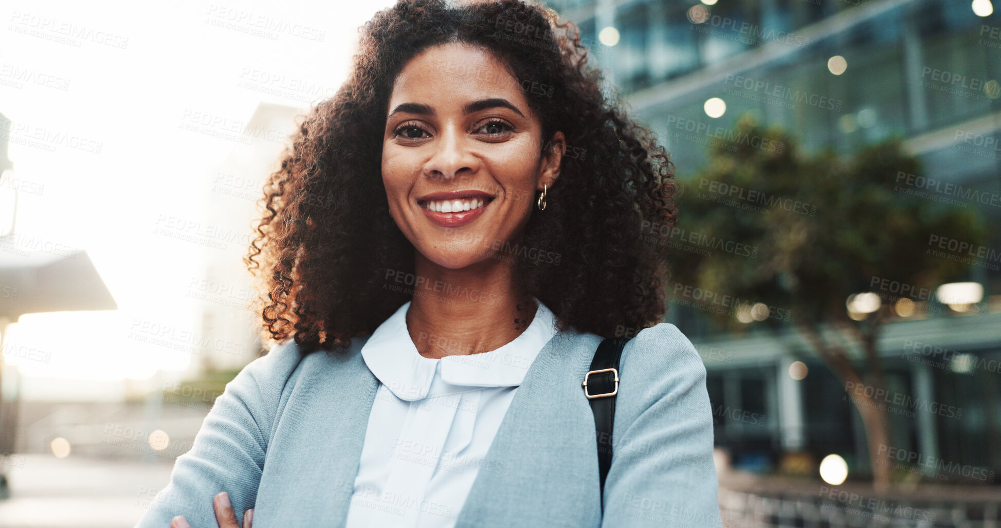 Buy stock photo Outdoor, portrait and woman with arms crossed, employee and commuting to work in morning, social worker and road. Confident, human services professional and person on urban street, travel and city