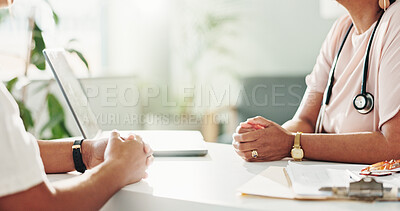 Buy stock photo Hands, doctor and laptop for application, discussion and meeting in office with diagnosis and insurance report. Information, medical paperwork and person with patient for surgery consent form