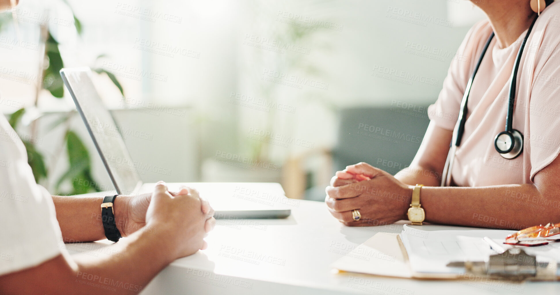 Buy stock photo Hands, doctor and laptop for application, discussion and meeting in office with diagnosis and insurance report. Information, medical paperwork and person with patient for surgery consent form