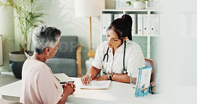 Buy stock photo Appointment, paper or healthcare with doctor and patient in office of hospital for consulting. Clipboard, insurance or medical with medicine professional and mature woman in clinic for treatment