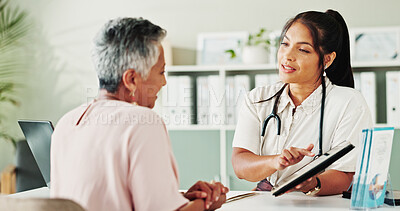 Buy stock photo Appointment, healthcare or tablet with doctor and patient in office of hospital for consulting. Conversation, feedback or medical report with medicine professional and mature woman in clinic