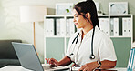 Laptop, woman or doctor in office, typing or connection with diagnosis, website info or treatment. Person, medical or professional in workplace, computer or email for research funding or test results