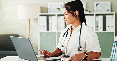 Buy stock photo Laptop, woman or doctor in office, typing or connection with diagnosis, website info or treatment. Person, medical or professional in workplace, computer or email for research funding or test results
