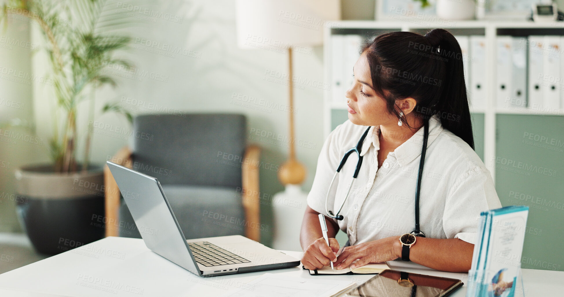 Buy stock photo Clinic, woman and doctor with laptop for notes, medical diagnosis and information for research. Office, healthcare and female cardiologist with book for writing reminder, prescription and treatment