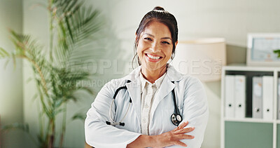 Buy stock photo Portrait, doctor and woman with arms crossed, confident and happy for healthcare in clinic and life insurance. Hospital, medical professional and person with smile for career, internist and proud