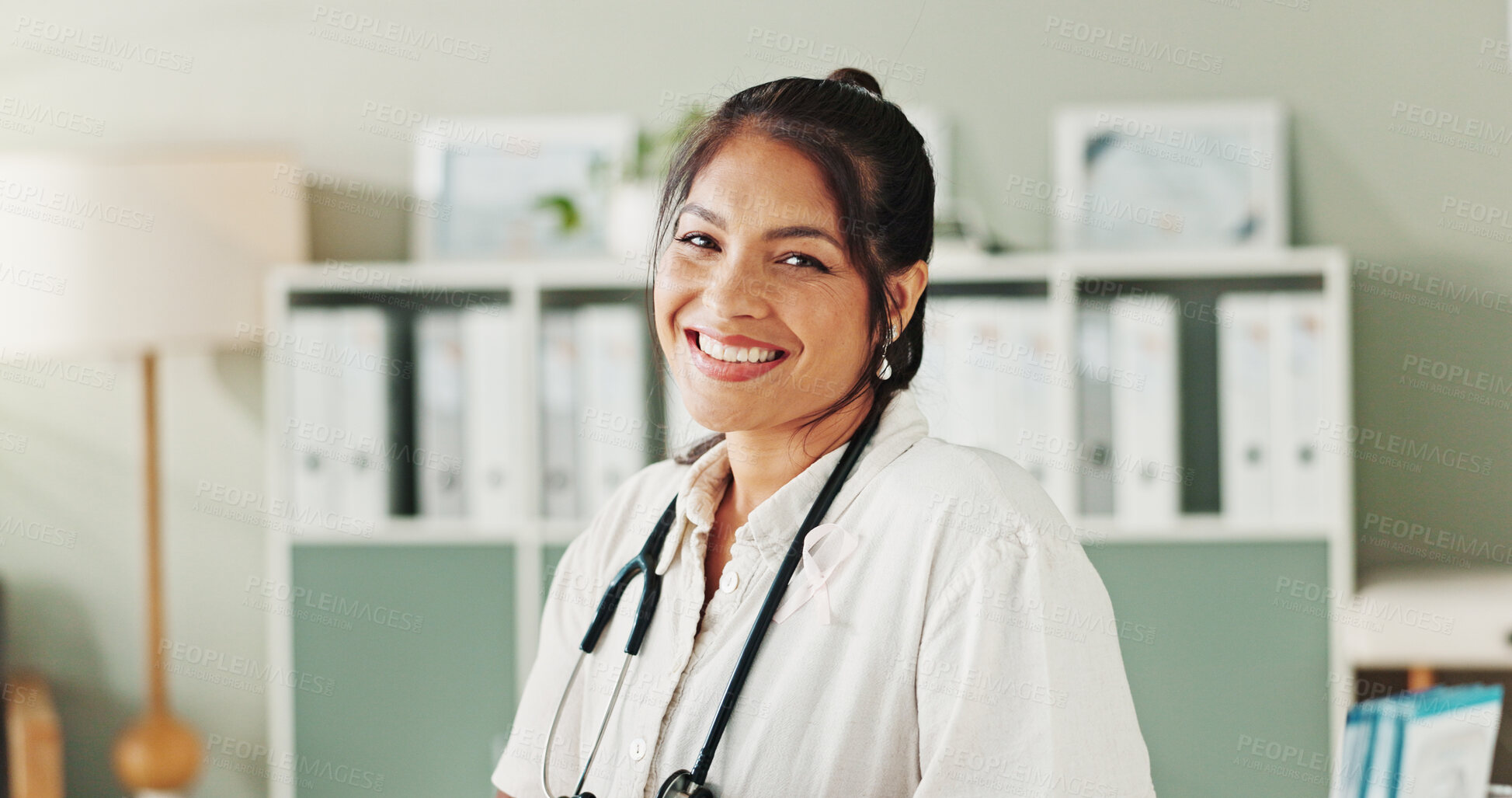 Buy stock photo Portrait, doctor or woman with smile, healthcare or confidence for wellness in clinic. Happy, professional help and person in hospital for career, pharmaceutical medicine or medical service in Mexico