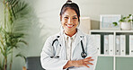Portrait, doctor and woman with arms crossed, healthcare and happy for life insurance in clinic and confident. Hospital, medical professional and person with smile for career, internist and proud