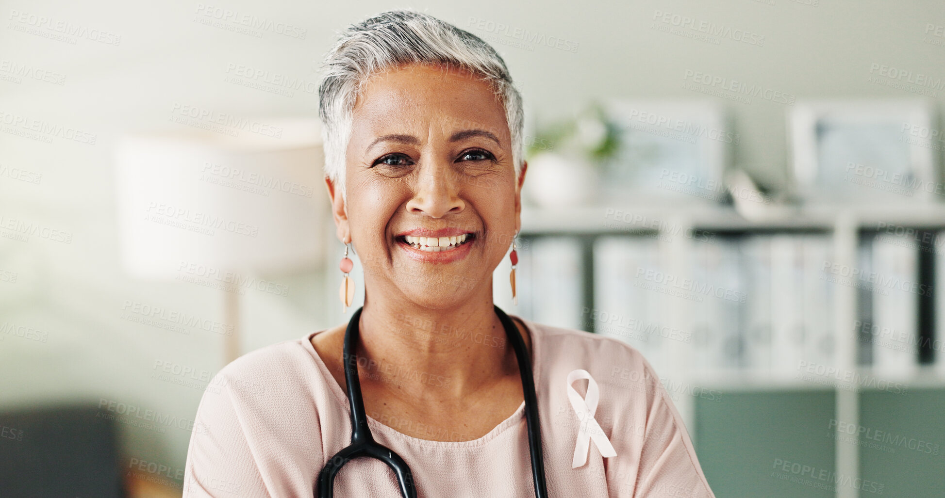 Buy stock photo HIV, doctor or woman with portrait, ribbon or confidence in clinic for virus or therapy counselling. Smile, proud or therapist in hospital for AIDS, pharmaceutical medicine or medical service in Cuba