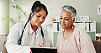 Woman, doctor and senior patient on tablet in office for good news, research and online results of diagnosis. People, digital and healthcare report, insurance checklist and treatment plan and medical