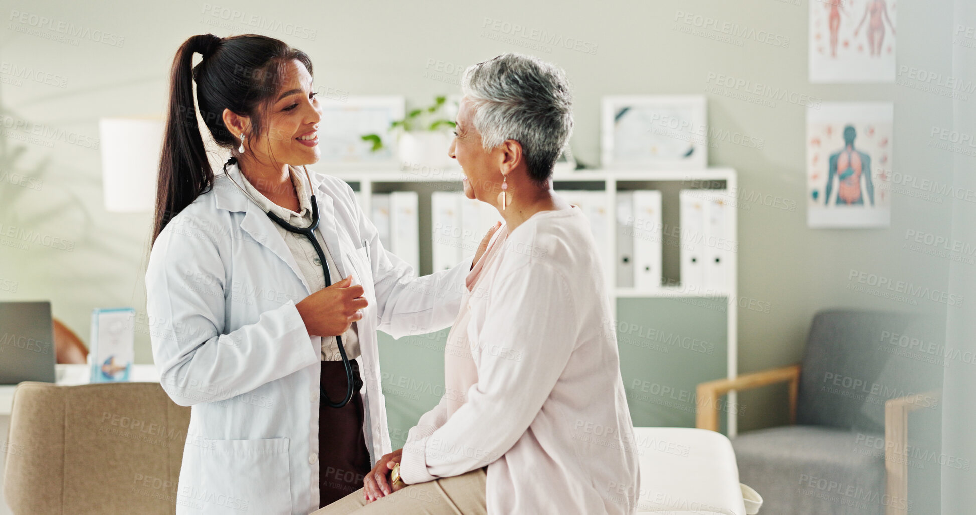 Buy stock photo Woman, doctor and mature patient for consulting, support or conversation with checkup appointment in office. Female person, medical professional and healthcare talk for senior customer at clinic