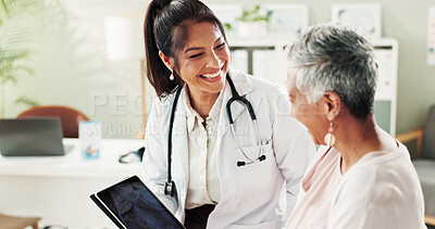 Buy stock photo Mature woman, doctor and tablet for xray, support or conversation with cardiology checkup in office. Female person, medical professional and diagnosis talk for senior patient at clinic appointment
