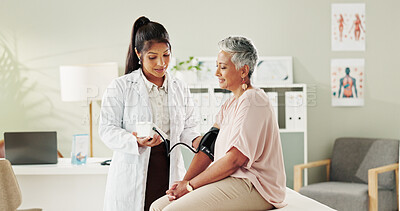 Buy stock photo Test, consultation and doctor with mature patient for blood pressure exam, healthcare and care in nursing home office. Advice, support and senior woman with medical professional for check on health