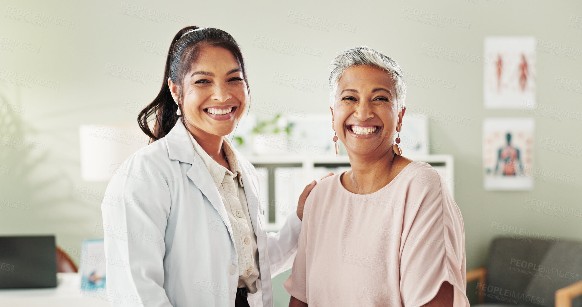 Buy stock photo Healthcare, doctor and patient in portrait with smile, support and medical wellness with laughing. Hospital, women and senior person with physician for consultation, appointment and happy in clinic