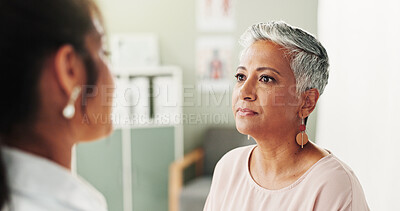 Buy stock photo Healthcare, mature woman and listening to doctor, sad and thinking of diagnosis in hospital and serious. Contemplating, medical professional and bad news for senior person with Alzheimer and sickness